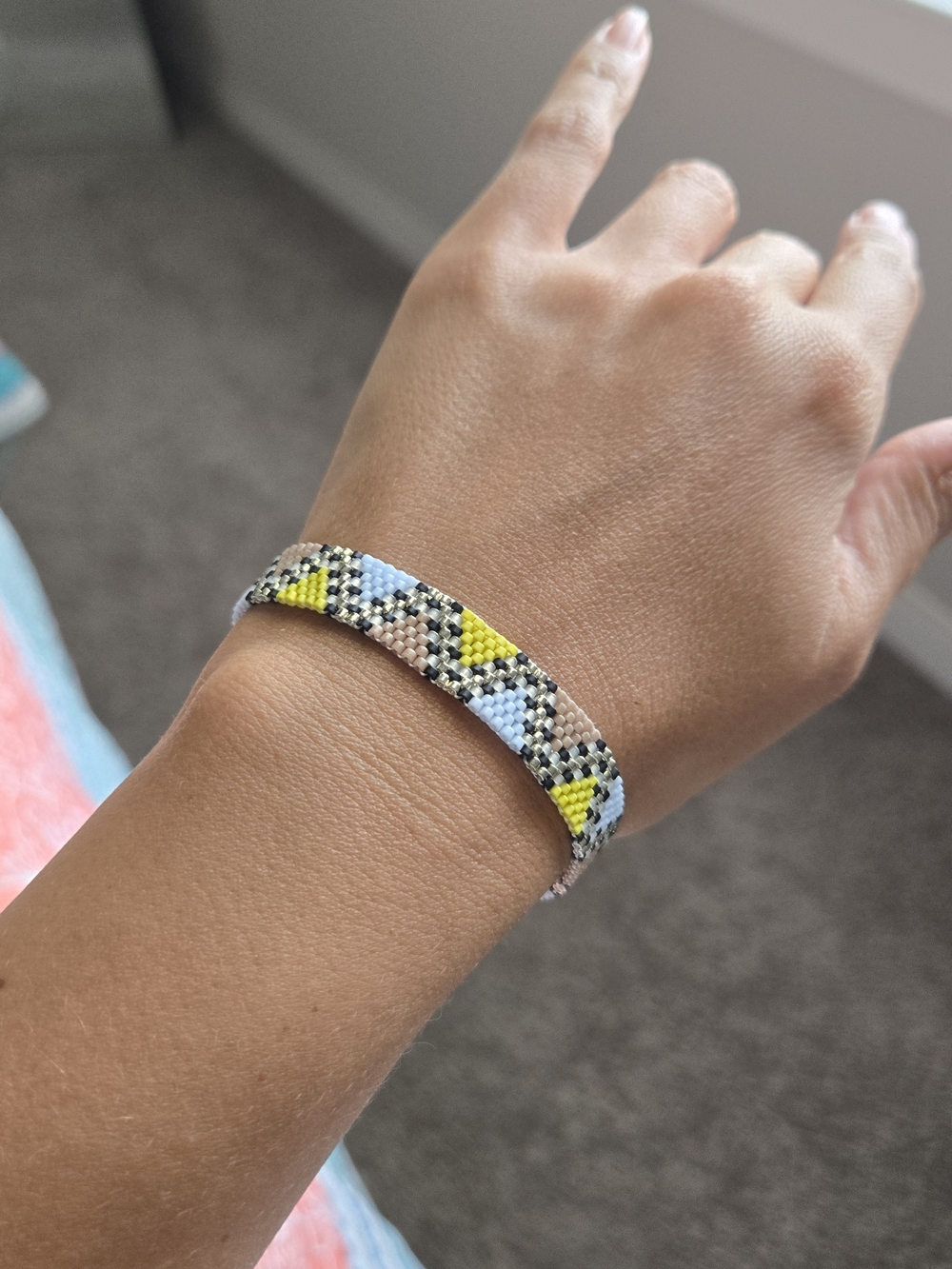 Handmade Beaded Bracelet in Yellow, Light Blue, Black & Cream